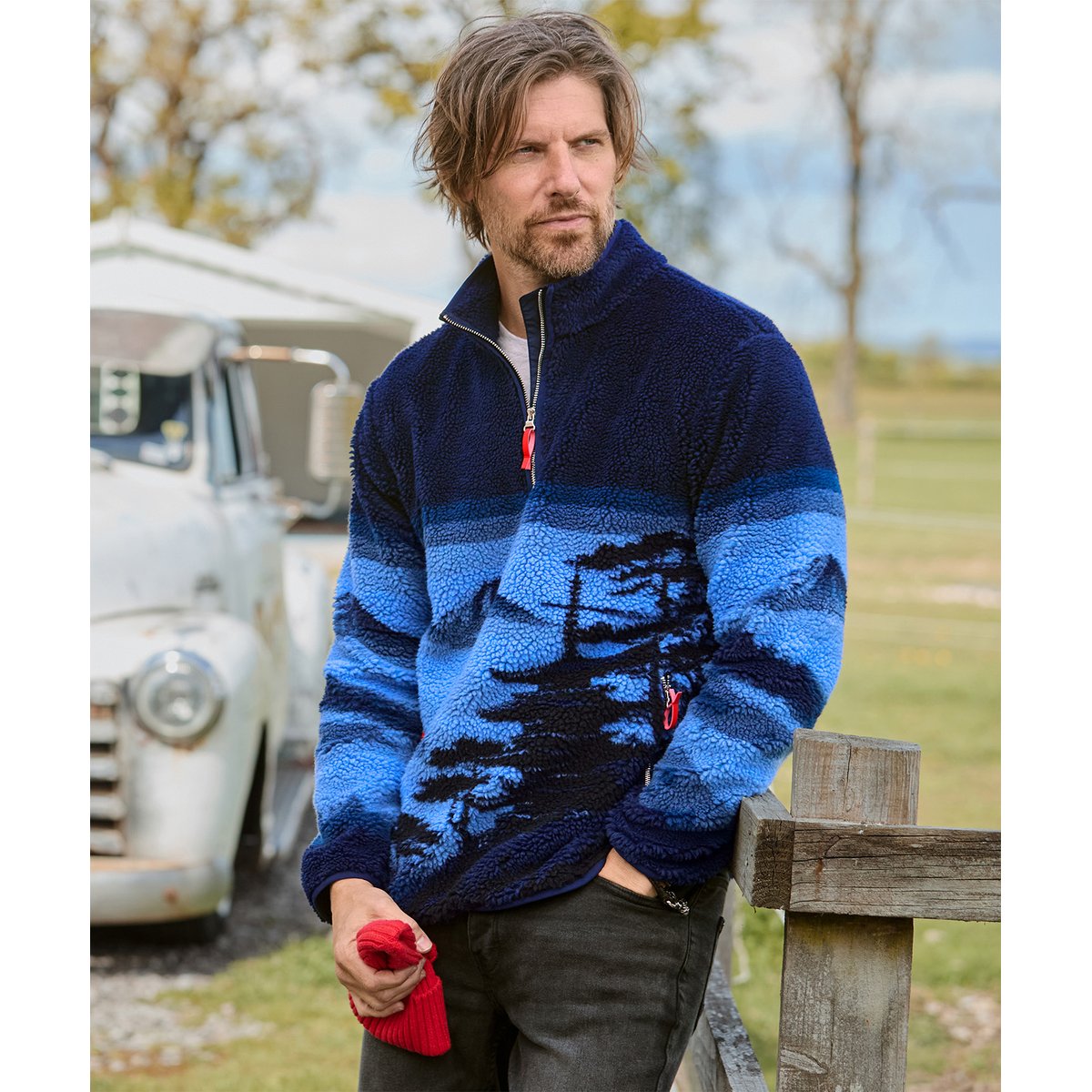 Sweat Col Cheminée en Sherpa Motif Paysage bleu, JOE BROWNS