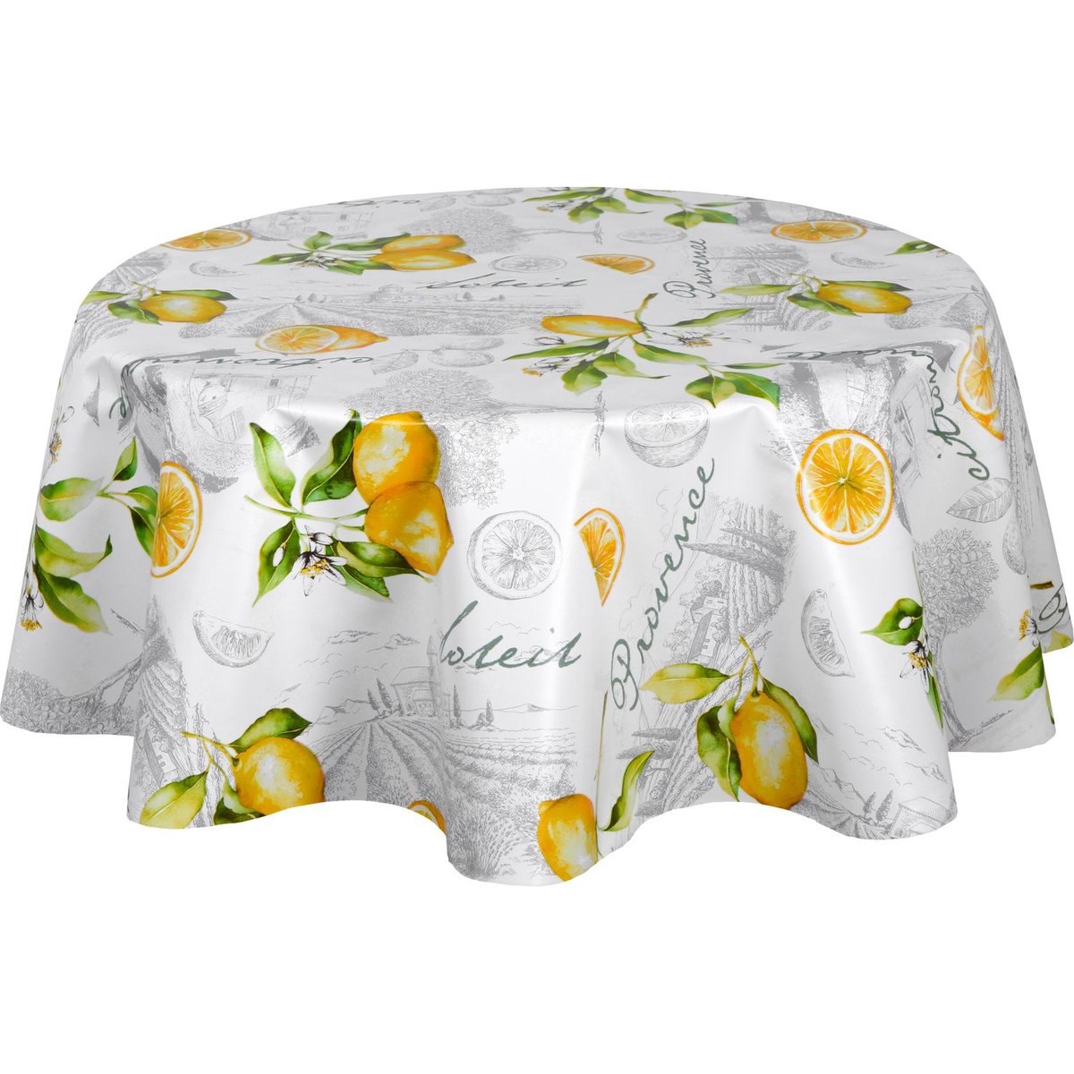 Nappe en toile cirée ronde grand format motifs citron CITE gris, TOILINUX