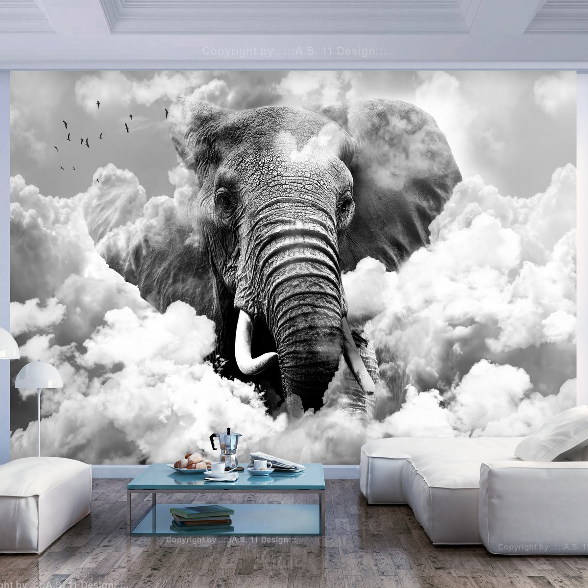 Papier peint intissé panoramique Animaux Elephant in the Clouds (Black and White) noir, EDEN