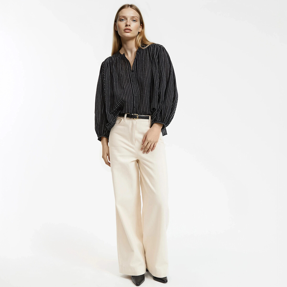Striped Mandarin Collar Shirt with 3/4 Length Sleeves black/white striped, LA REDOUTE COLLECTIONS