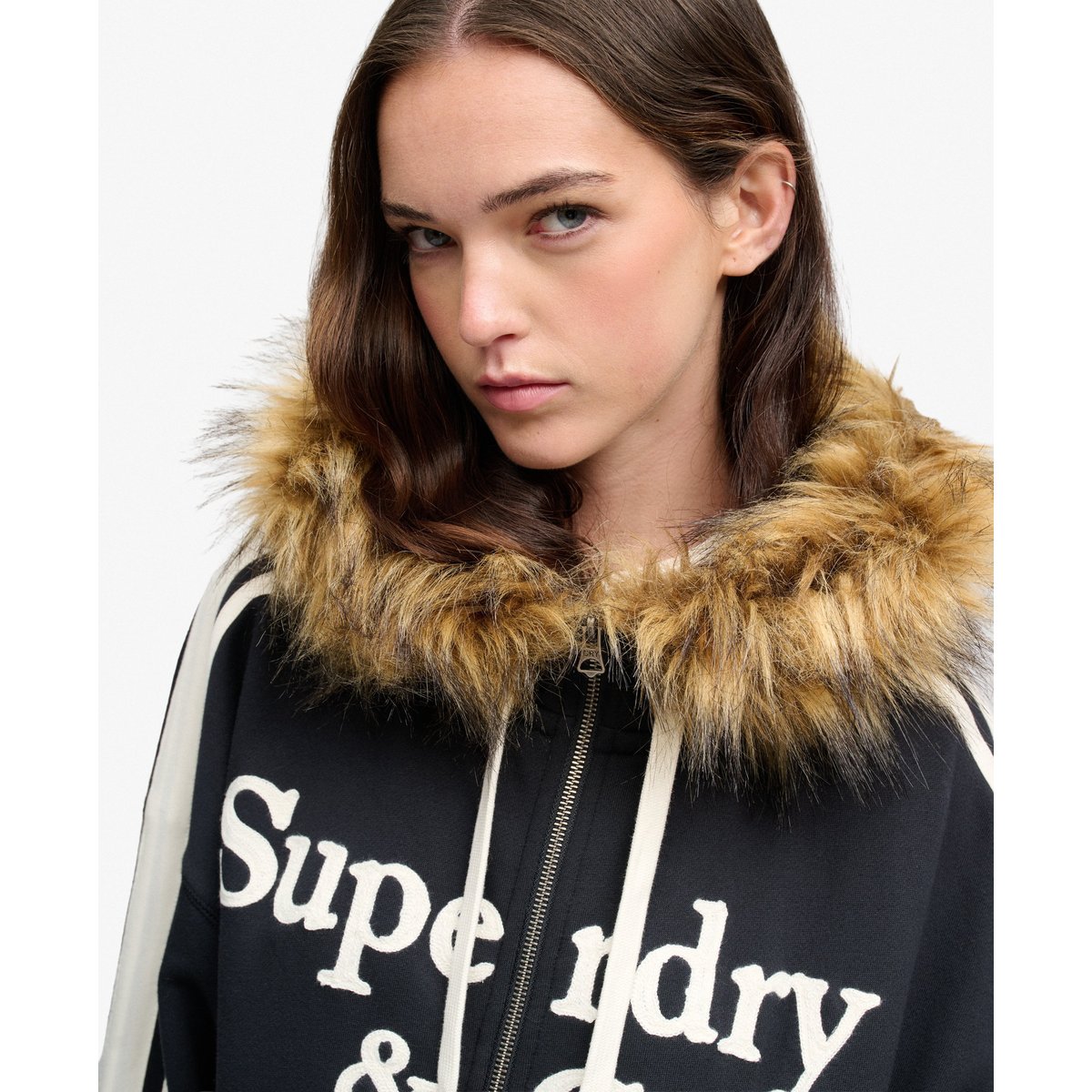 Sweat zippé à capuche Vintage Fur Applique coupe oversize bleu marine éclipse, SUPERDRY