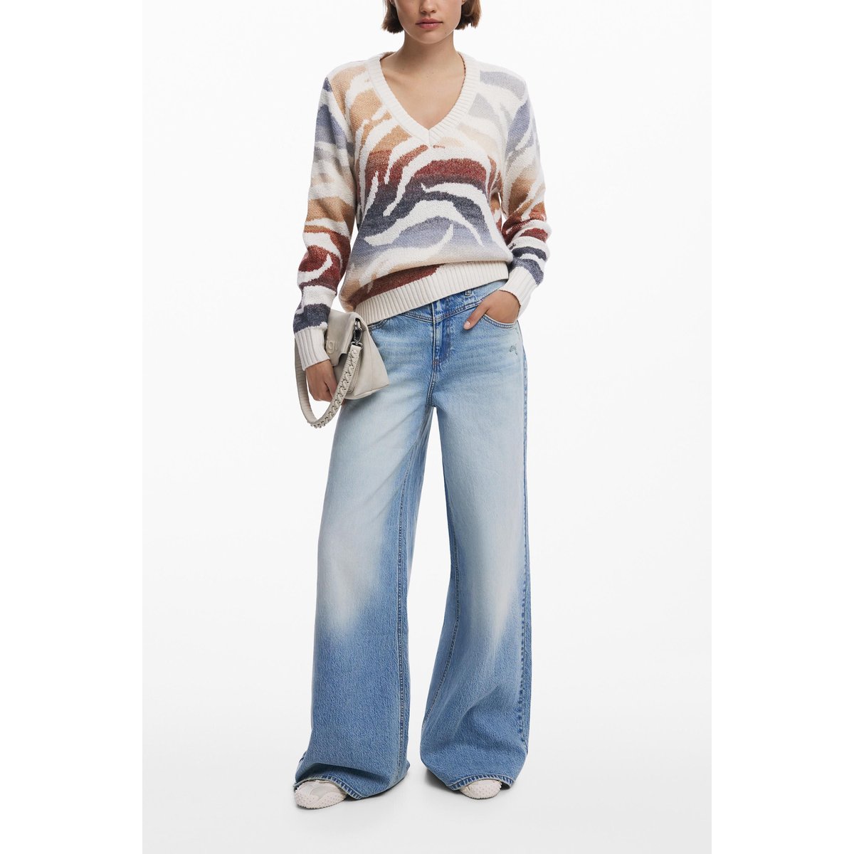 Pull zébré col en V blanc, DESIGUAL