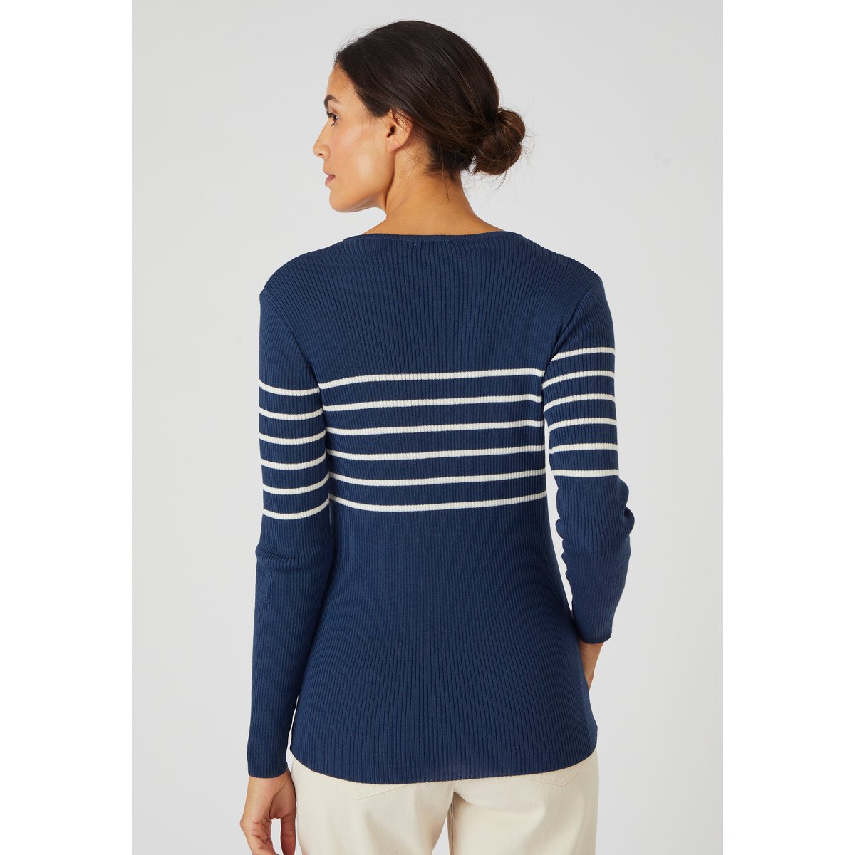 Pull col rond en laine mérinos, uni et rayé bleu rayé, DAMART