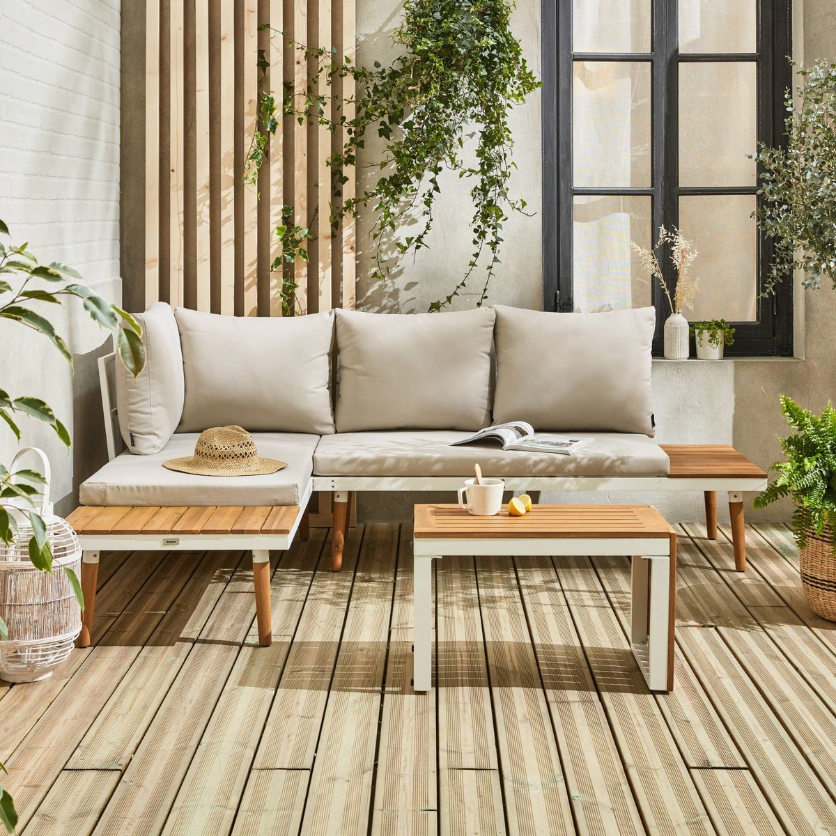 Salon de jardin modulable aluminium et bois d'acacia 4 places SAO PAULO blanc / beige, SWEEEK