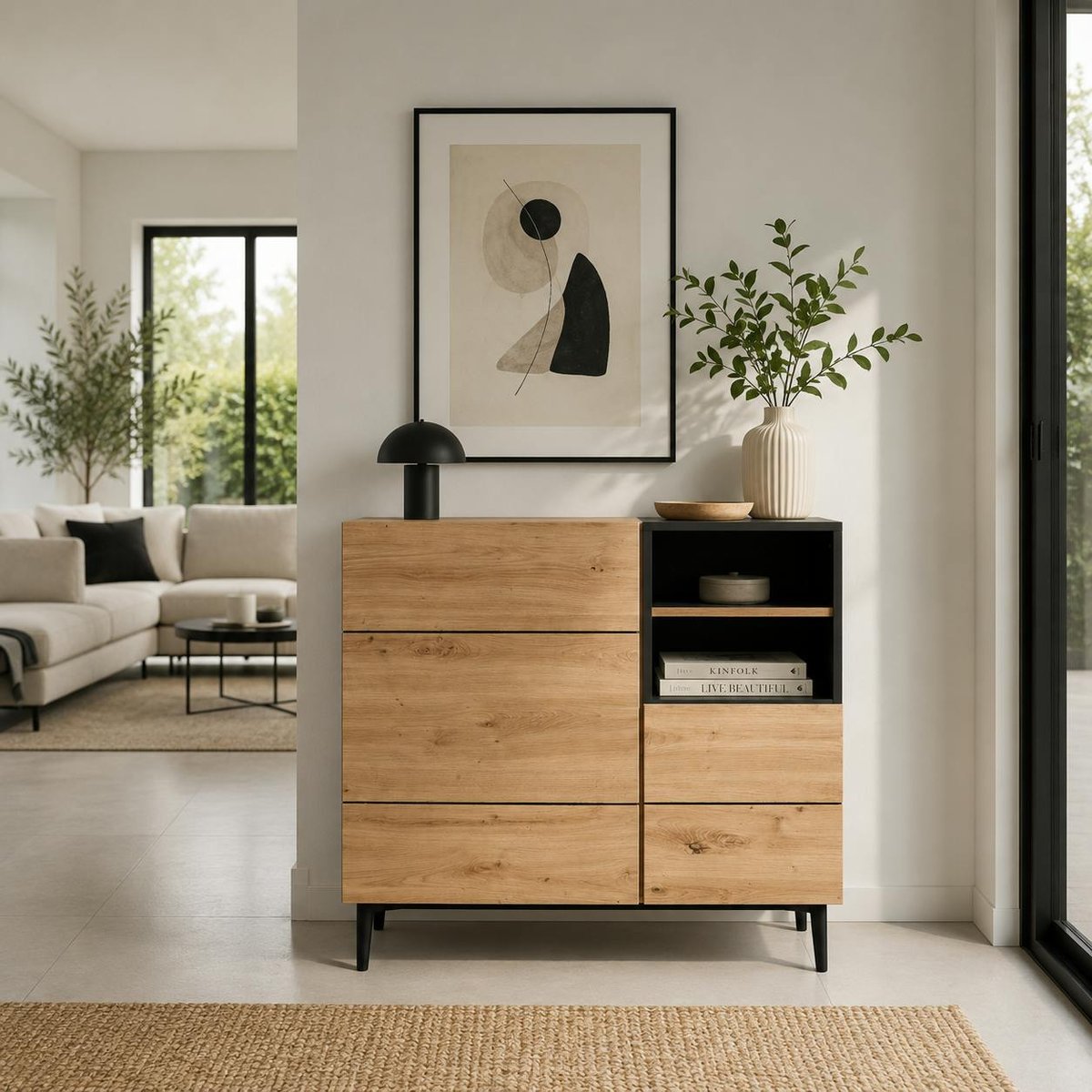 Meuble d'entrée 2 portes décor bois et noir ALVA bois naturel, PIER IMPORT