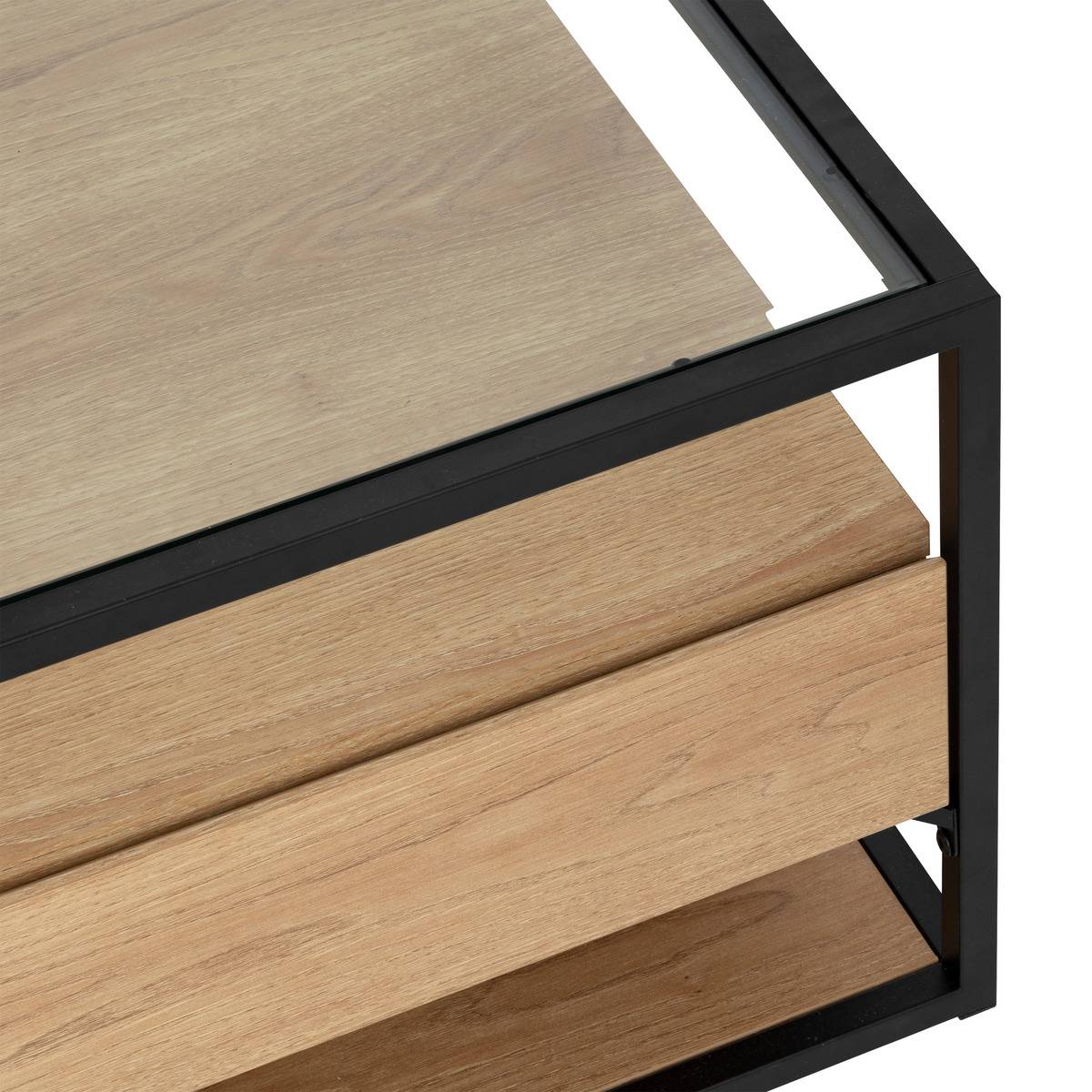 Table basse 2 tiroirs en verre trempé et effet chêne ALDEA beige, ATMOSPHERA