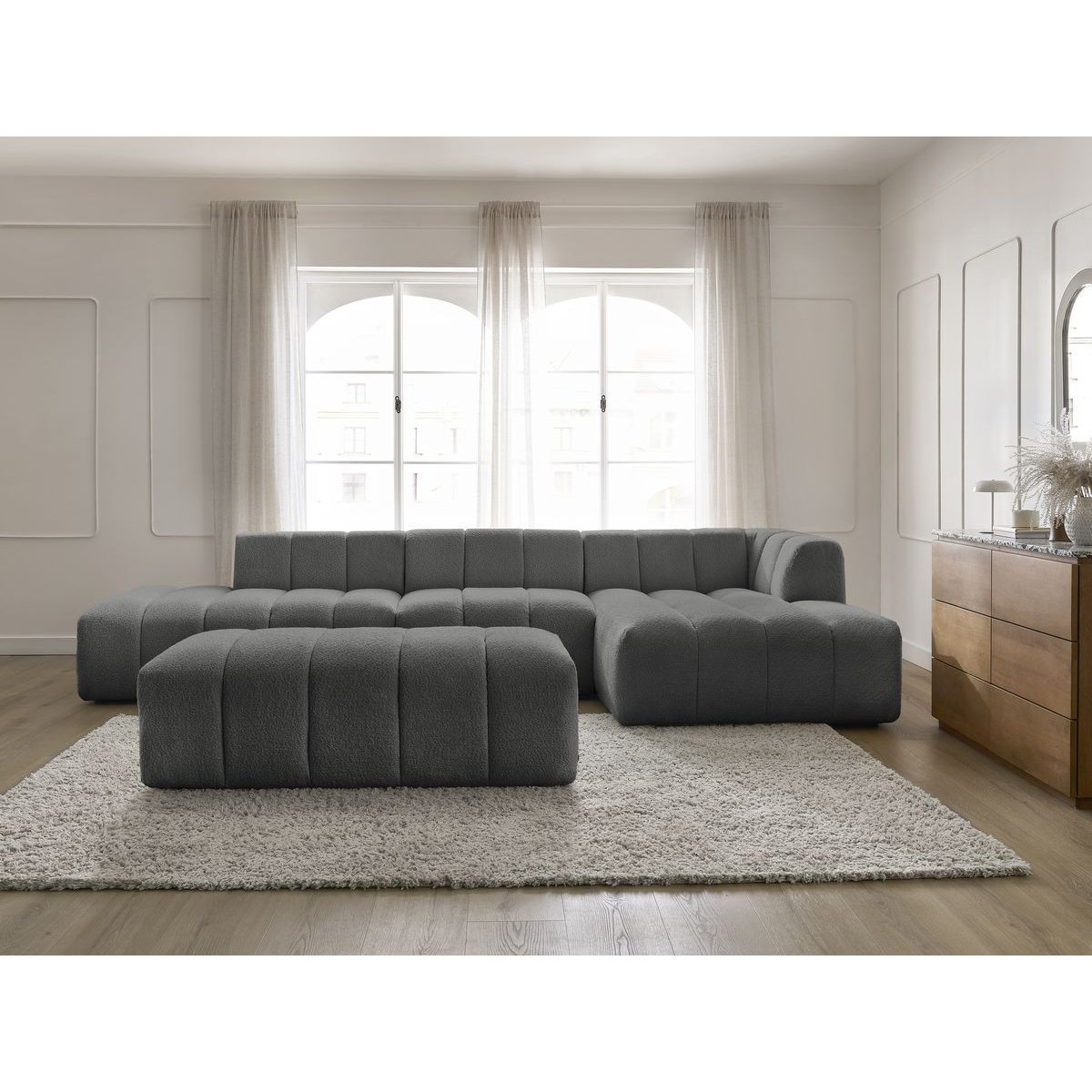 Canapé modulable 5 places en tissu bouclette, ANNECY gris foncé, BOBOCHIC