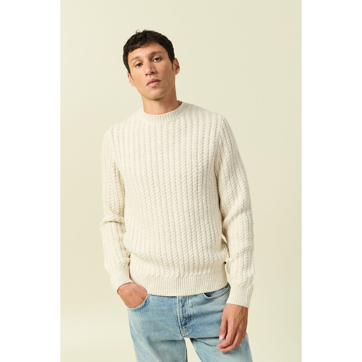 Pull col rond manches longues ecru, BONOBO