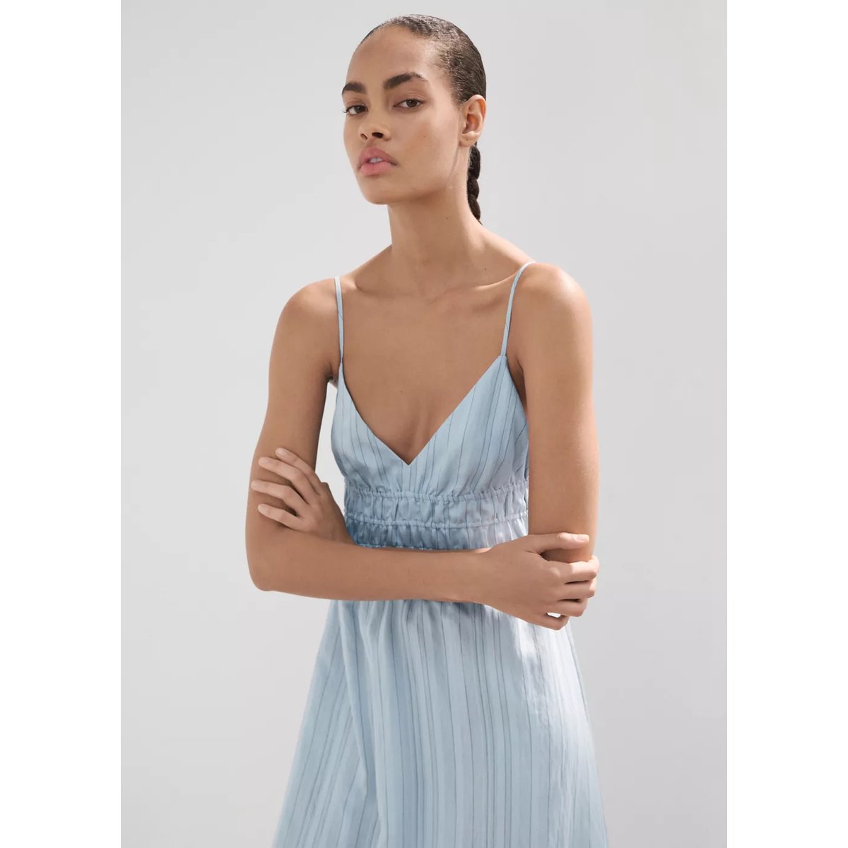 Robe froncée rayures bleu ciel, MANGO