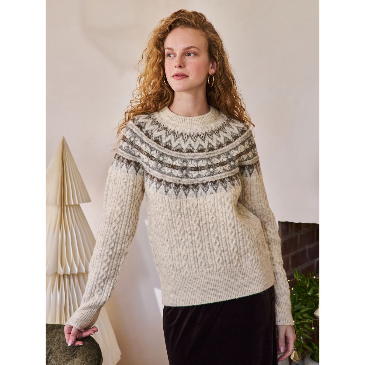 Pull tricot torsadé fairisle écru, NEXT