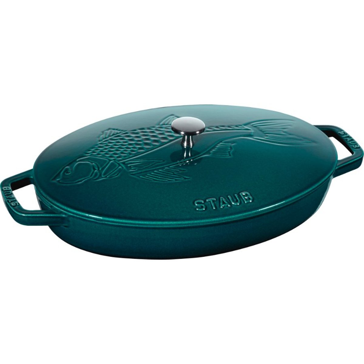 Assiette chaude avec couvercle poisson 33 cm, Ovale, La Mer, Fonte la mer, STAUB