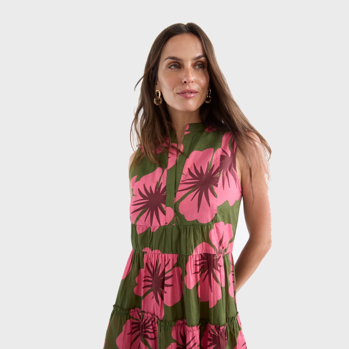 Robe courte florale en coton et lin mélangés vert olive, LOLA CASADEMUNT