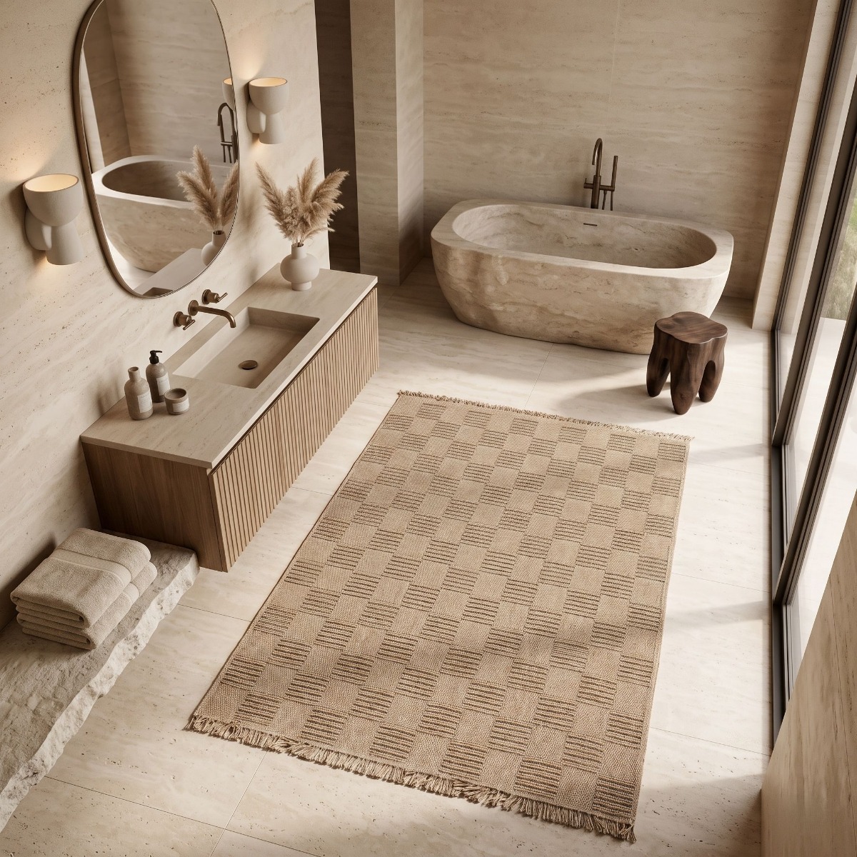 Tapis extérieur intérieur damier aspect jute JUTA DAMIER beige, THE DECO FACTORY