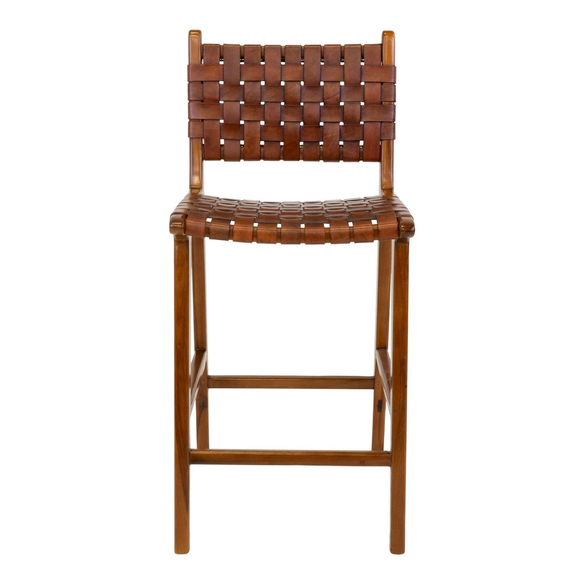 Chaise de bar en bois de teck et cuir marron MENDOZA bois naturel, PIER IMPORT