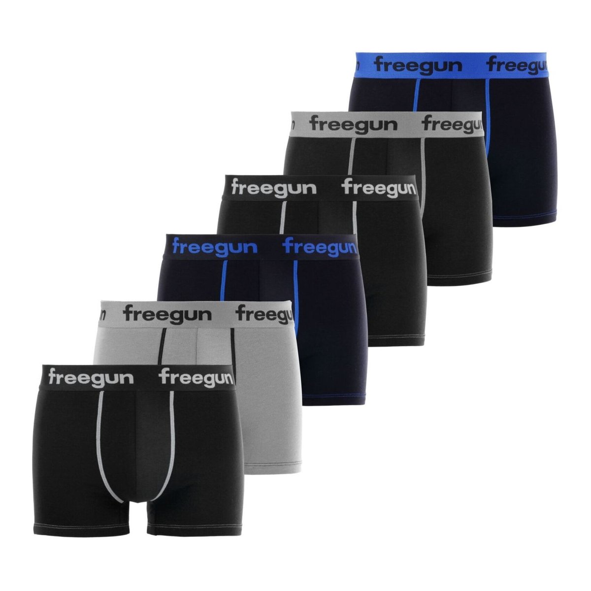 Lot De 6 Boxers Coton Uni noir/gris/bleu/blanc, FREEGUN