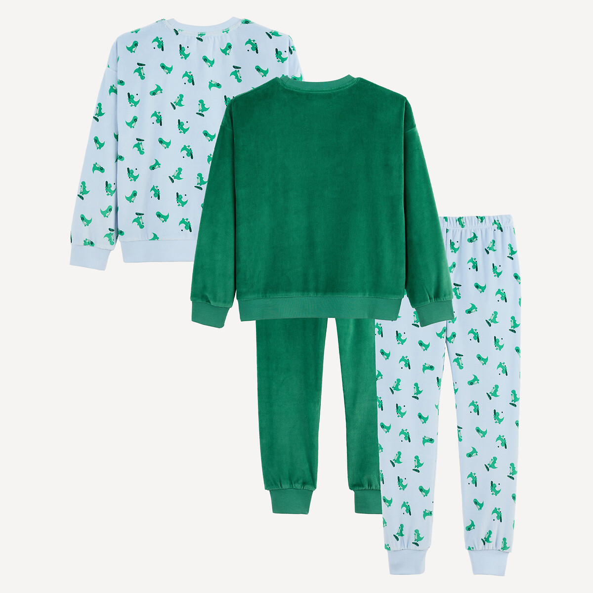 Lote de 2 pijamas de terciopelo con estampado y motivos de dinosaurios azul + verde, LA REDOUTE COLLECTIONS