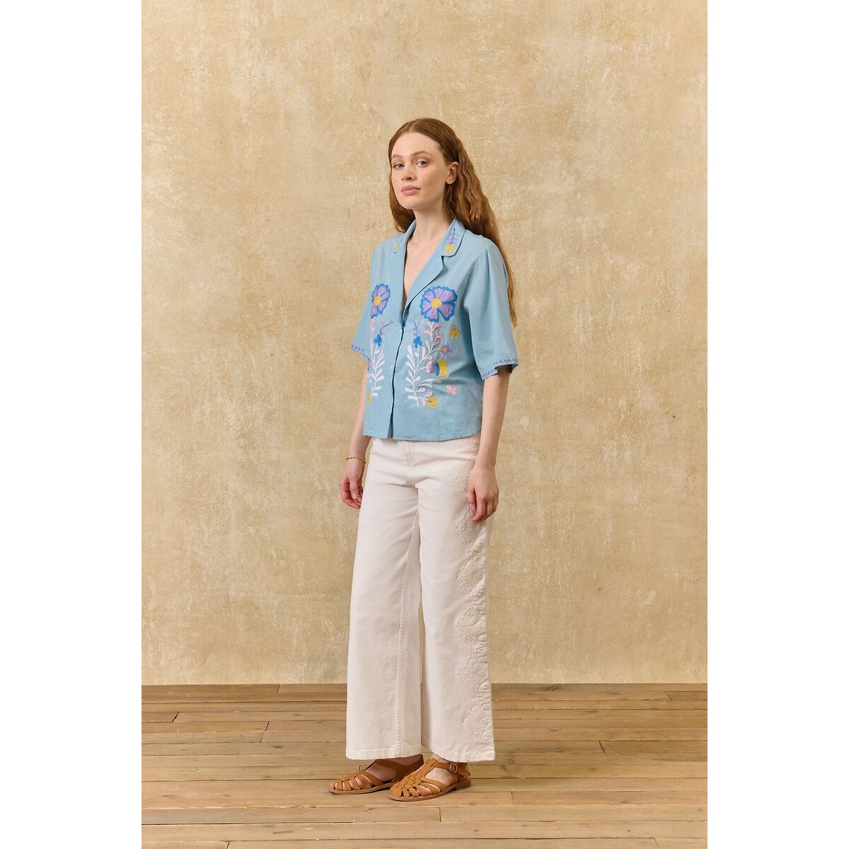 Emilius Embroidered Blouse with Short Sleeves sky blue, LOUISE MISHA