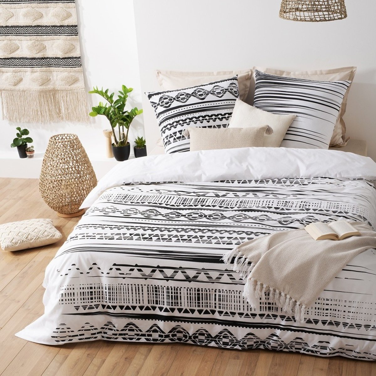 Housse de couette 220x240 Ethnik + 2 taies 100% coton 57 fils blanc, ATMOSPHERA