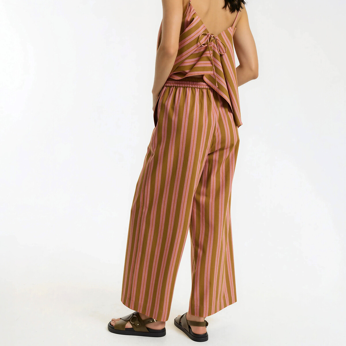 Pantaloni a gamba larga a righe con elastico in vita righe rosa/cammello, LA REDOUTE COLLECTIONS