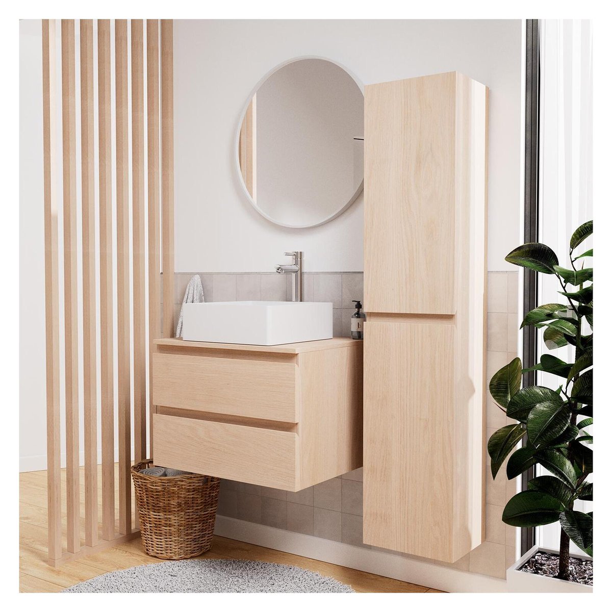 Ensemble meuble simple vasque 60 cm + vasque + robinet + miroir + colonne SORRENTO chêne, MOB IN