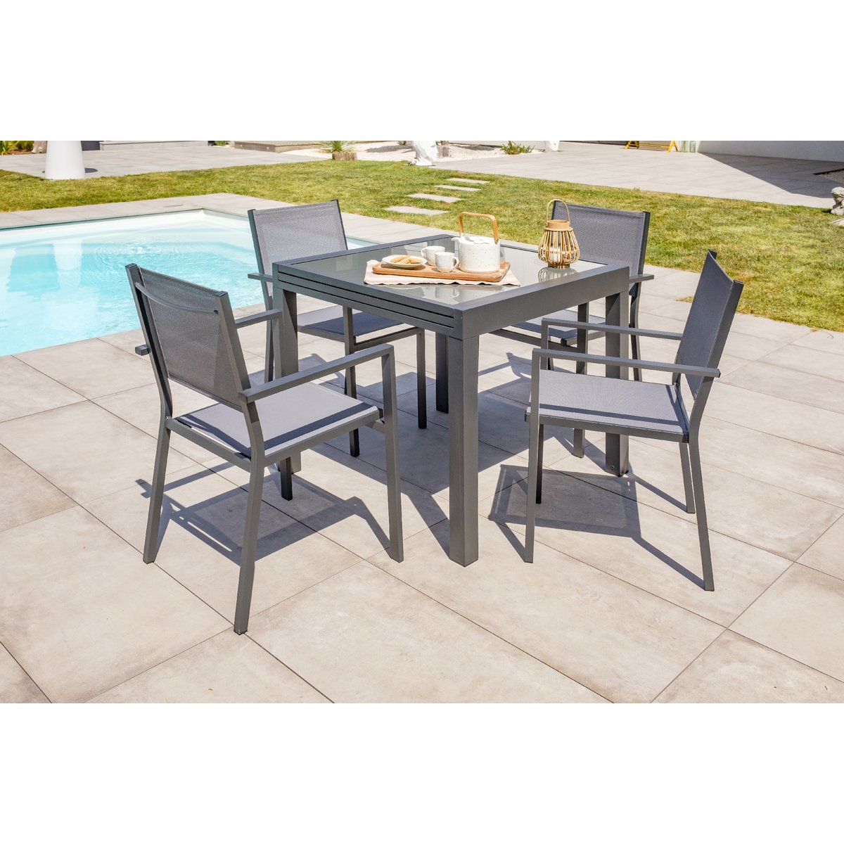 Fauteuil de jardin empilable alu et toile plastifiée TOLEDE gris anthracite, DCB GARDEN