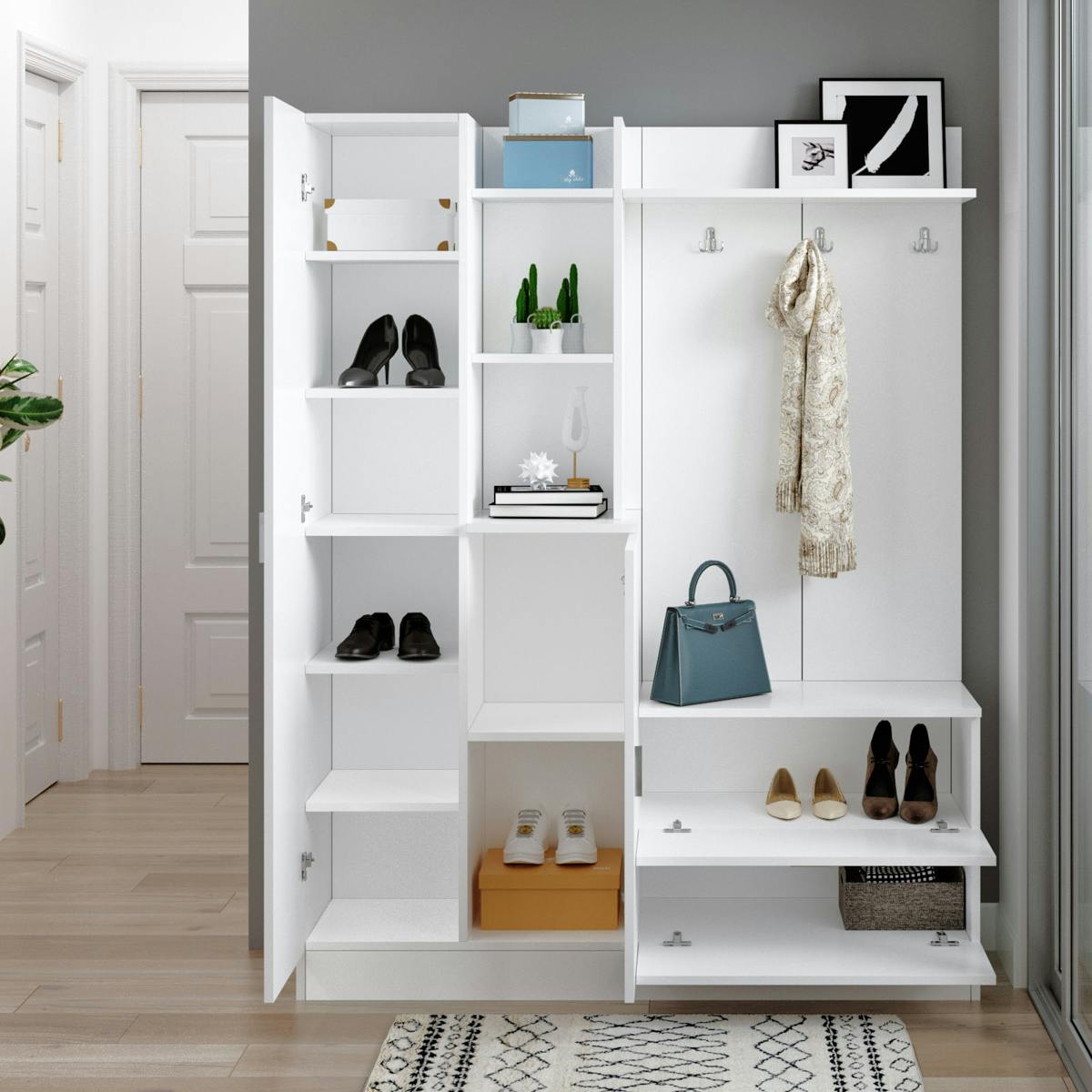 Vestiaire d'entrée 4 portes avec miroir JENA blanc, PIER IMPORT