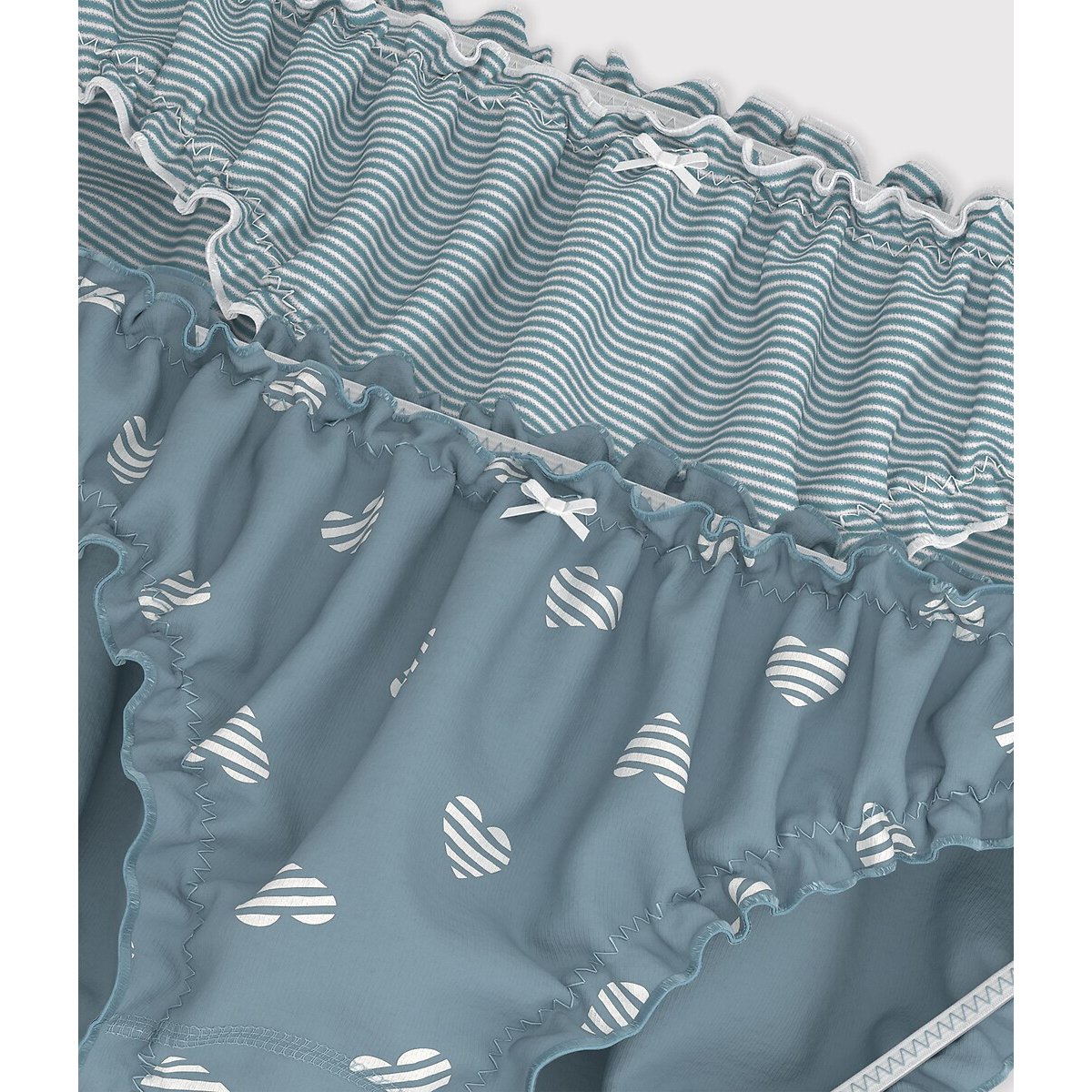 Lot de 2 culottes froncées en coton vert d’eau rayé+vert d’eau cœur, PETIT BATEAU