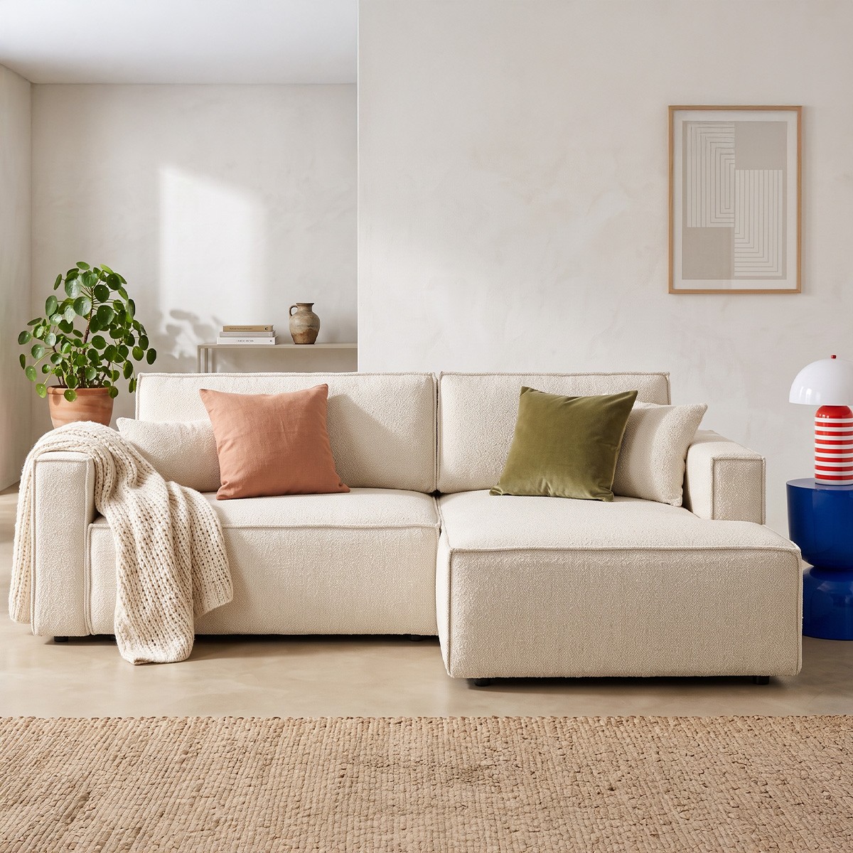 Canapé d'angle à droite convertible 3 places en tissu bouclé - ASTI beige, HOMIFAB