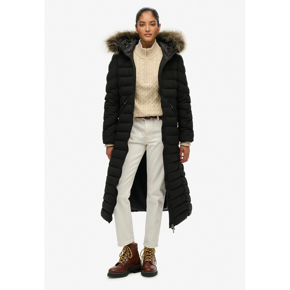 Veste longue à capuche en imitation fourrure Fuji noir, SUPERDRY
