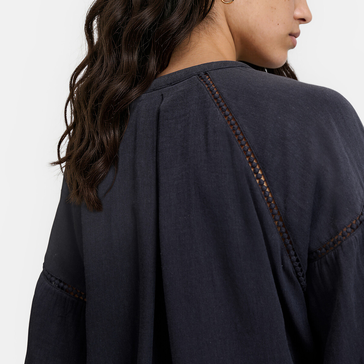 Blouse col rond manches longues avec détails ajourés bleu marine, LA REDOUTE COLLECTIONS