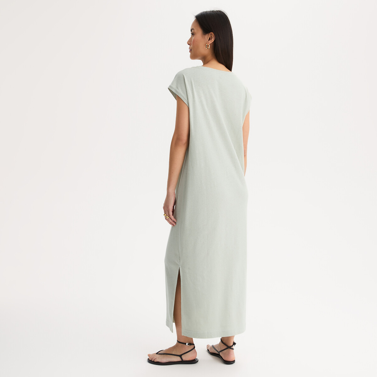 Robe T-shirt longueur midi en lin et coton vert amande, ANNE WEYBURN