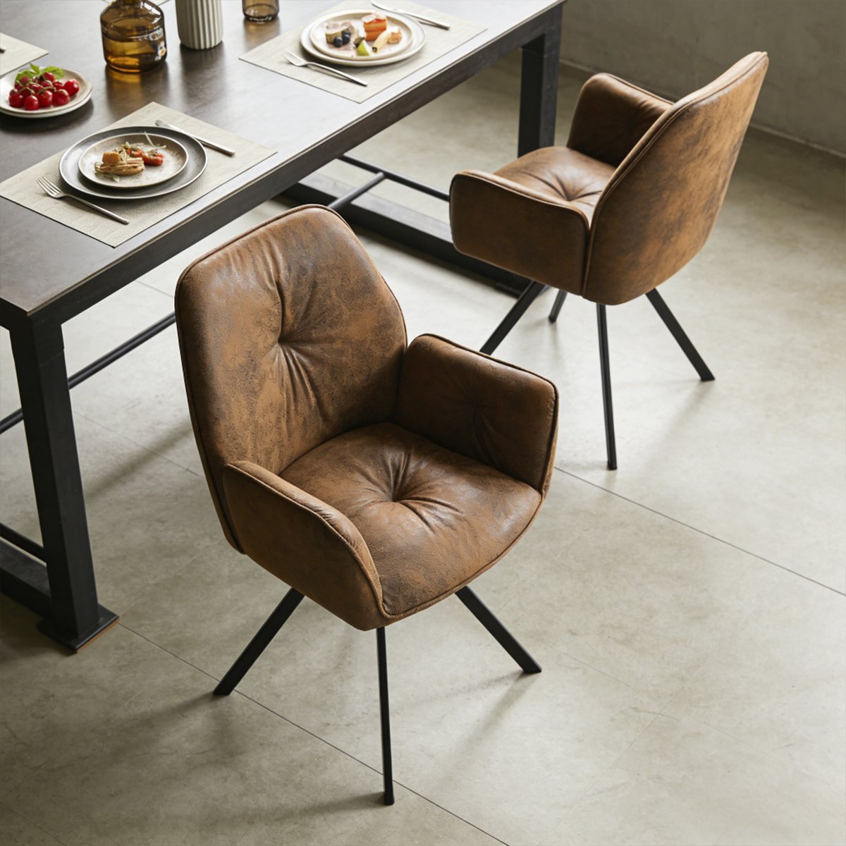 Lot de 2 chaises de salle à manger rotatif fauteuil industriel, CALF marron, MEUBLES COSY
