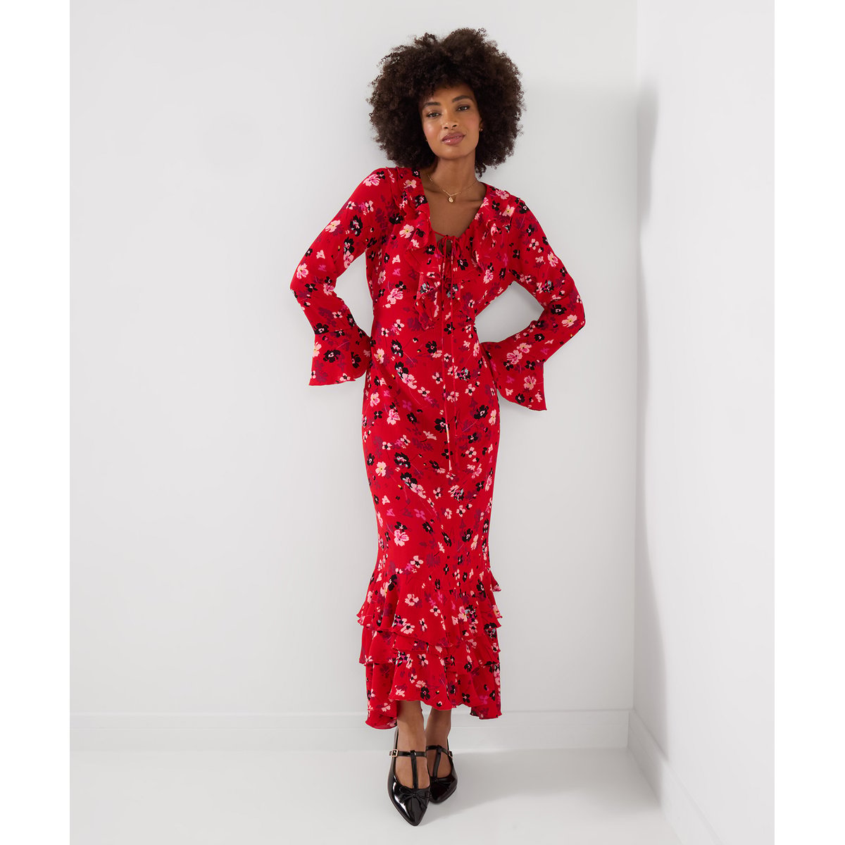 Robe Longue à Volants et Manches Longues Phoebe rouge, JOE BROWNS