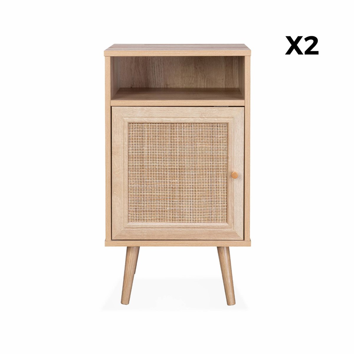 Table de chevet scandinave en cannage 1 porte (lot de 2) BOHÈME naturel, SWEEEK