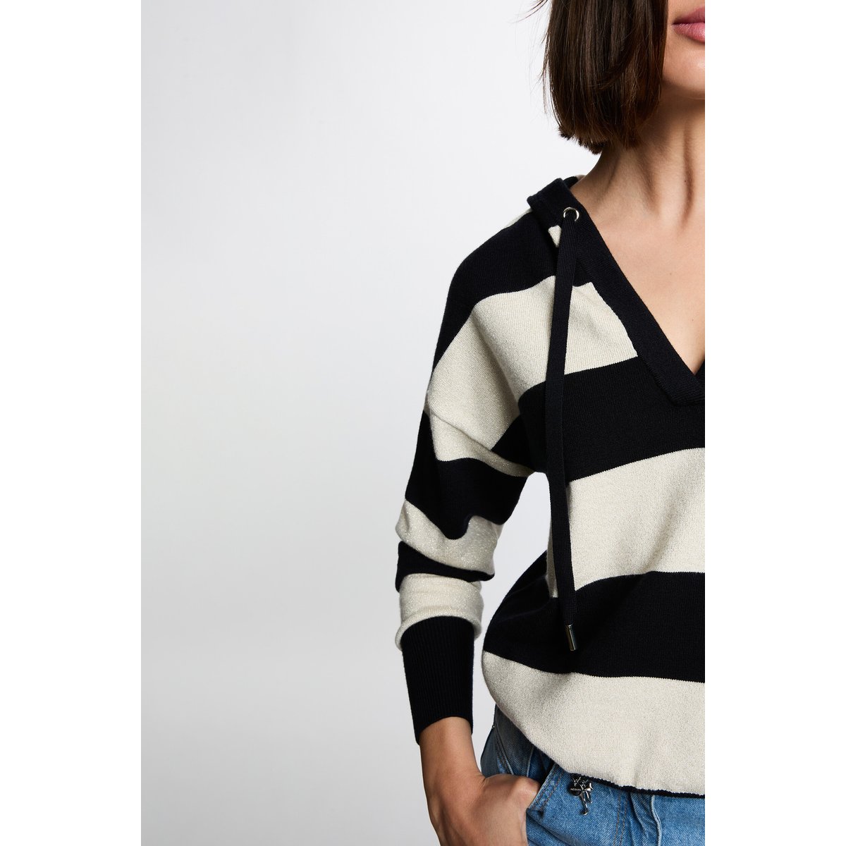 Pull rayé à capuche bleu marine, MORGAN