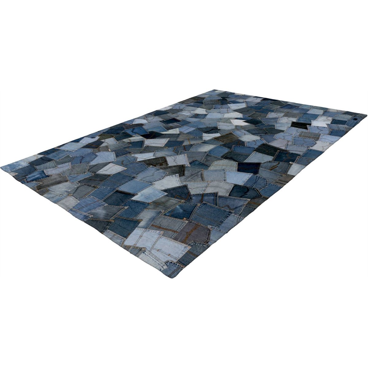 Tapis rectangulaire en coton cousu main bleu denim patchwork nuances claires et foncées, ARTE ESPINA