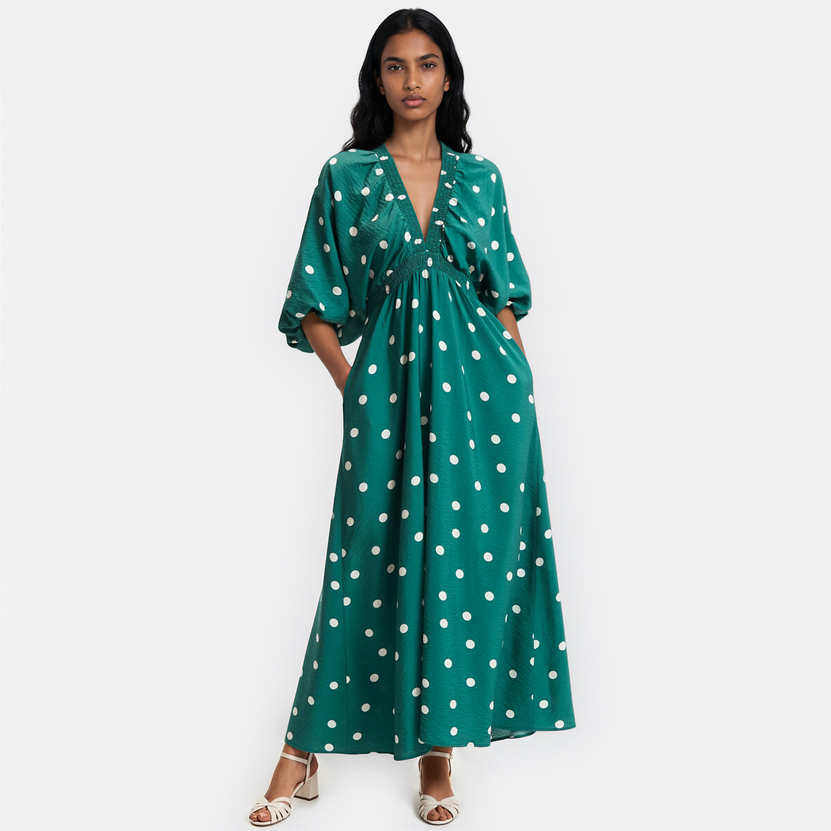 Robe longue à pois col V manches 3/4 imprimé pois fond vert, LA REDOUTE COLLECTIONS