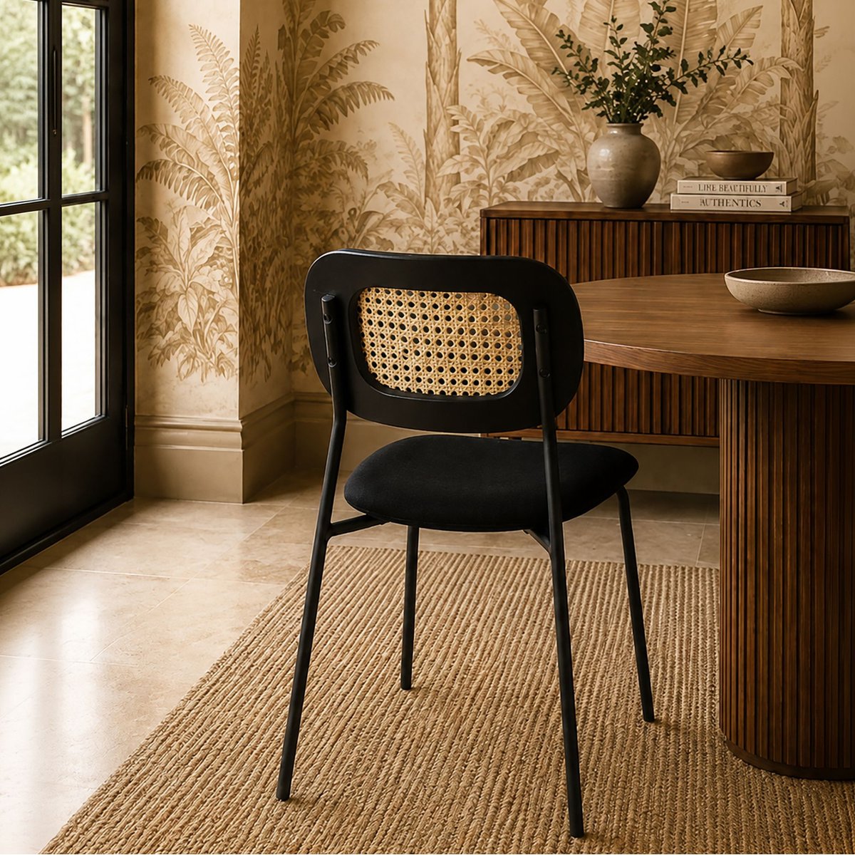 Table ovale effet bois 230cm + 6 chaises en rotin et velours noyer / noir, NOW'S HOME
