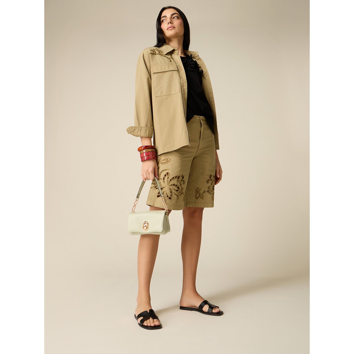 Bermuda avec broderies see-through verde militare, OLTRE