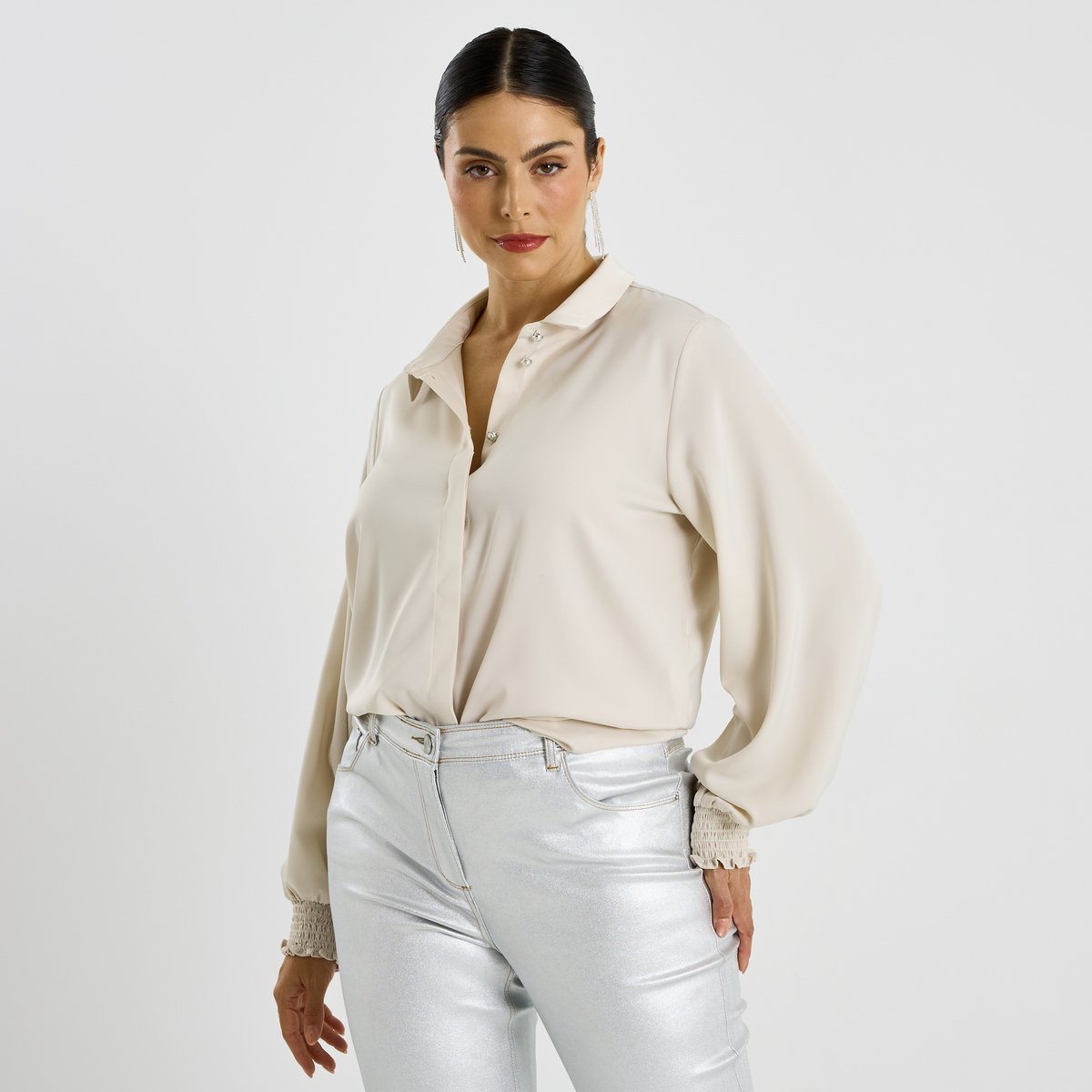 Chemise satinée et boutons bijoux blanc cassé ecru, GRAIN DE MALICE