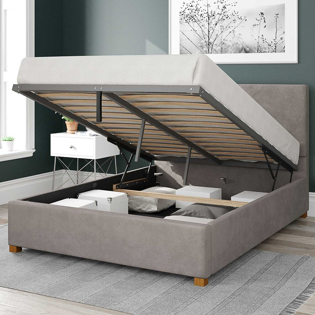 Garland Velvet Storage Ottoman Bed with Plain Upholstered Headboard silver-coloured, ASPIRE