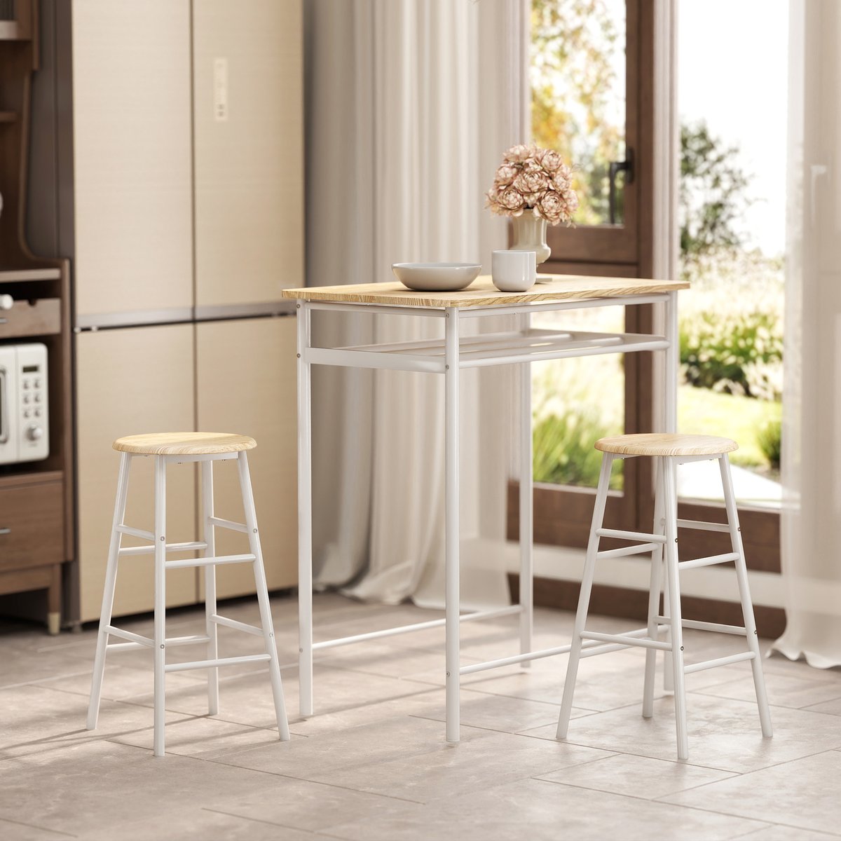 Ensemble de table de bar Métal Blanc blanc, chêne clair, HOMCOM