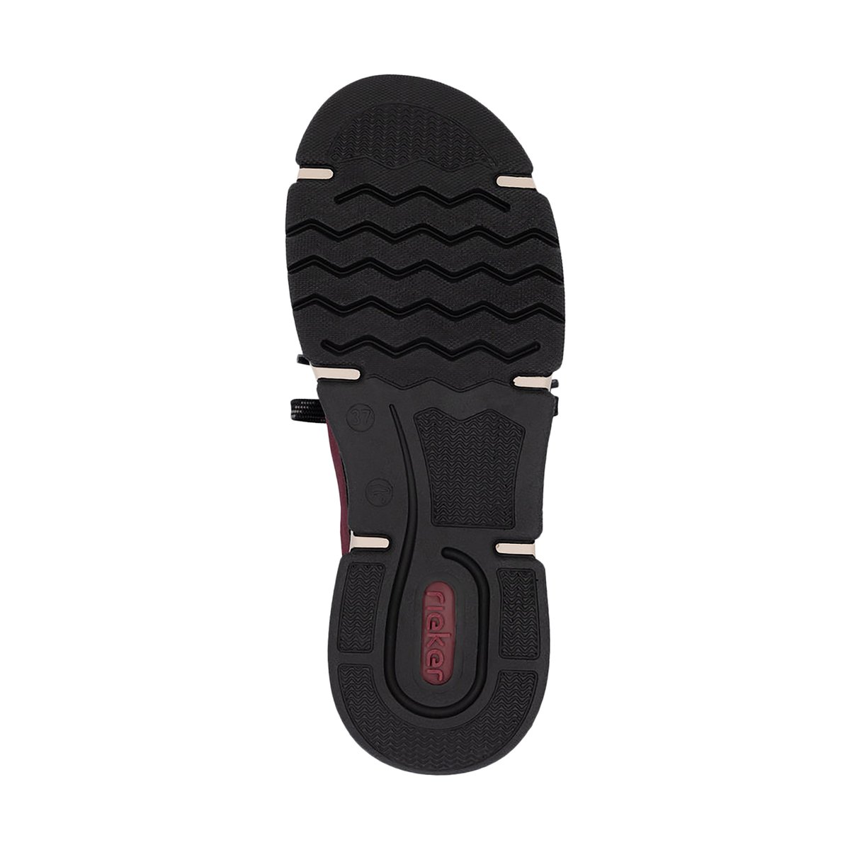 Sneakers noires à talon compensé bas avec semelle beige et zip latéral rouge, RIEKER