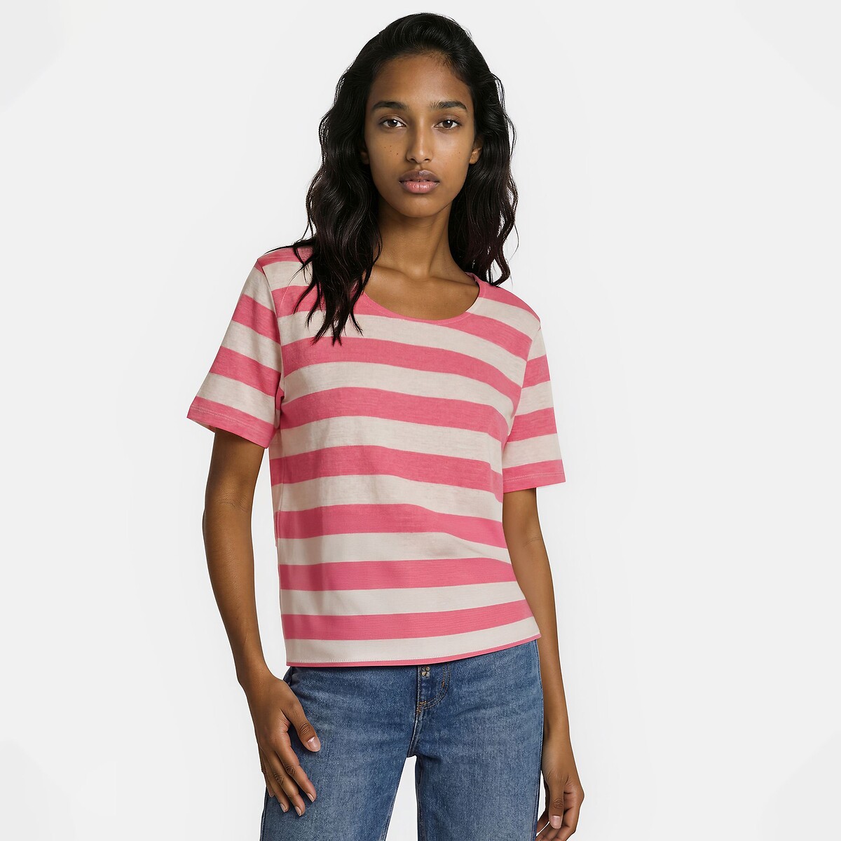 Tshirt à rayures, en lin, col rond, manches courtes rayé rose ivoire, LA REDOUTE COLLECTIONS