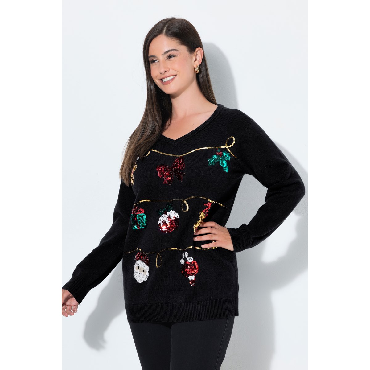 Pull de Noël, motif guirlandes noir, ULLA POPKEN