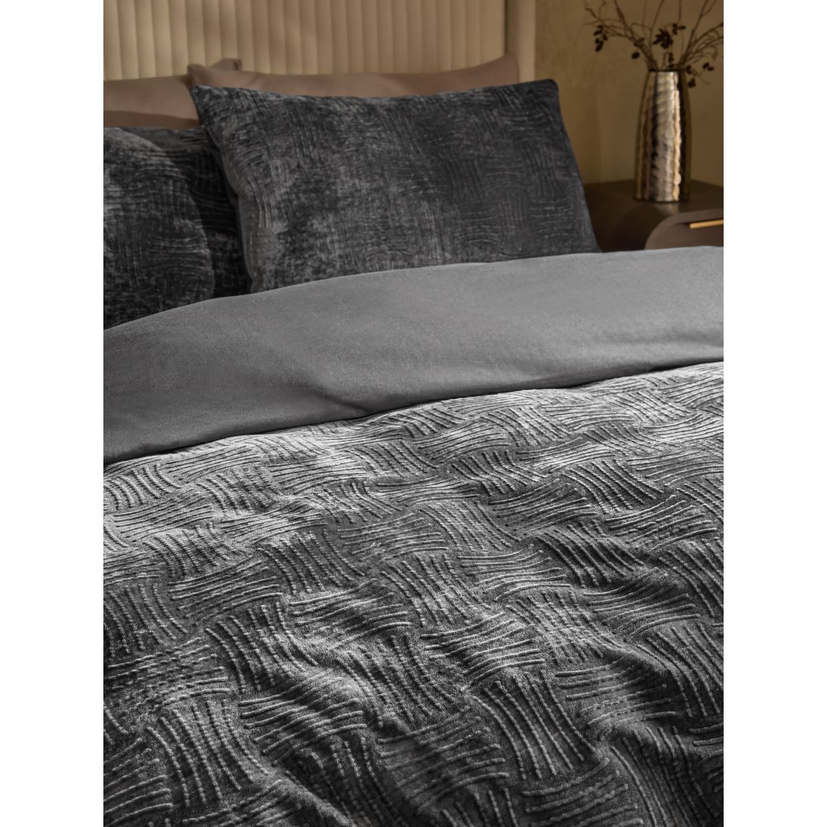 Parure de lit en velours à motif géométrique gris, NEXT