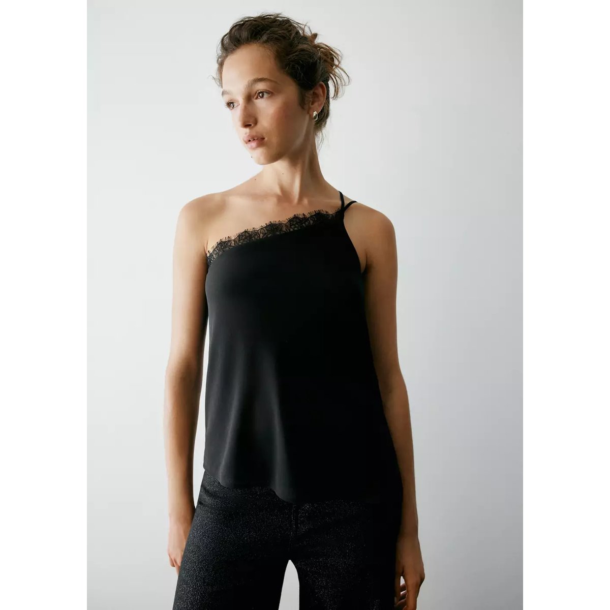 Top à bretelles détails en dentelle noir, MANGO TEEN