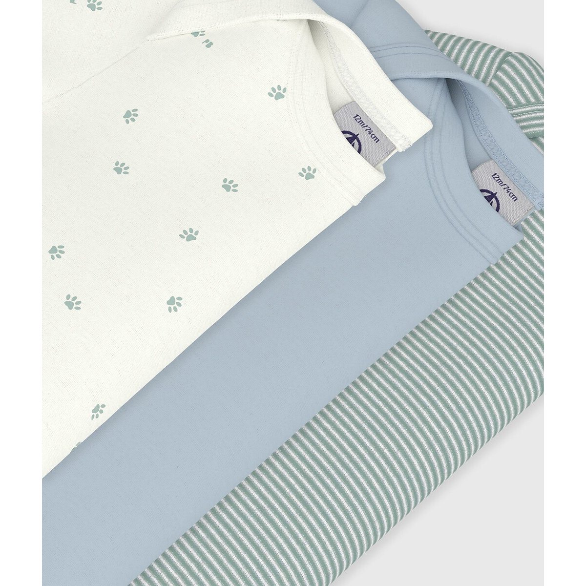 Lot de 3 bodies manches courtes blanc + bleu + vert, PETIT BATEAU