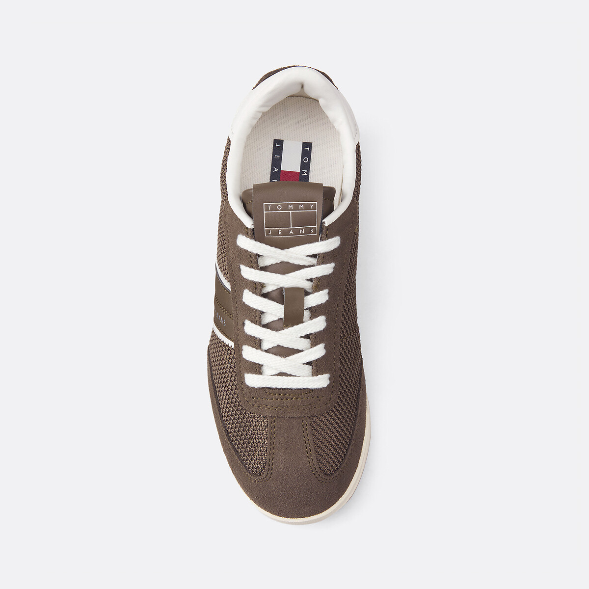 Sneakers running low profile in pelle kaki scuro, TOMMY JEANS