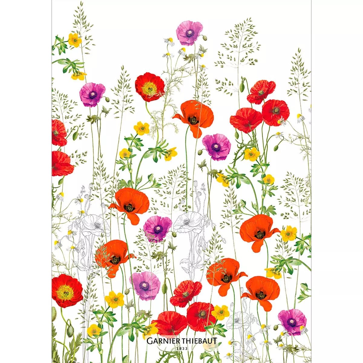 Torchon lin & coton lavé LES COQUELICOTS violet, GARNIER THIEBAUT